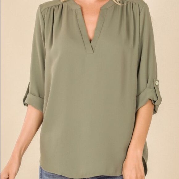Henley Blouse V Neck & Cuffed Sleeves - Picture 1 of 1